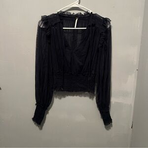 Free People Elegant Sheer Navy Blue Blouse